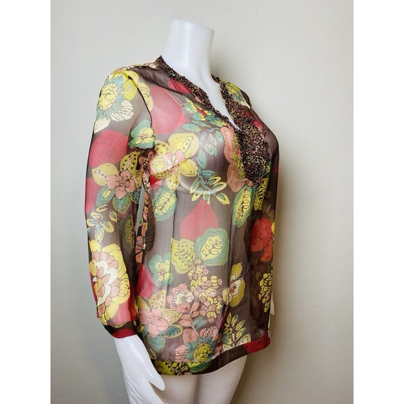 F. Lafayette 148 New York Silk Tunic 4 Embroidered Blouse Long Sleeve V Neck - Picture 2 of 7